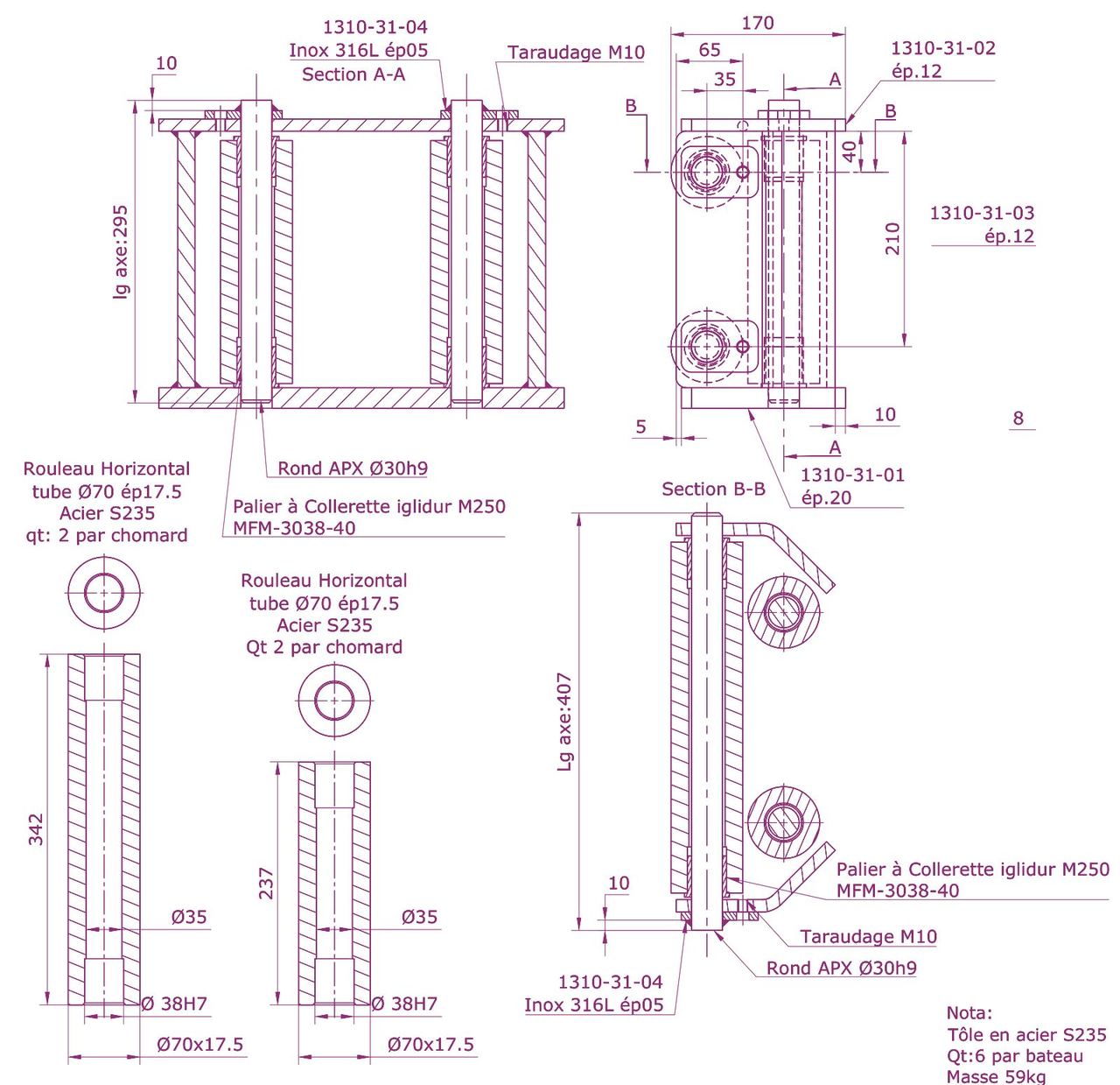 Extrait de plan : chaumard à rouleaux en sections