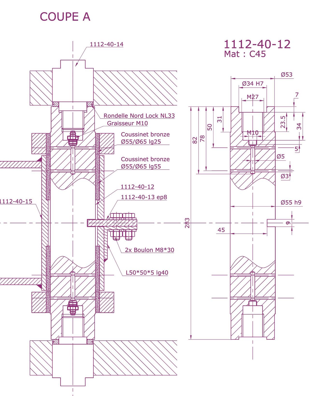 Extrait de plan : coupe de l'articulation d'un bras de grue de barge