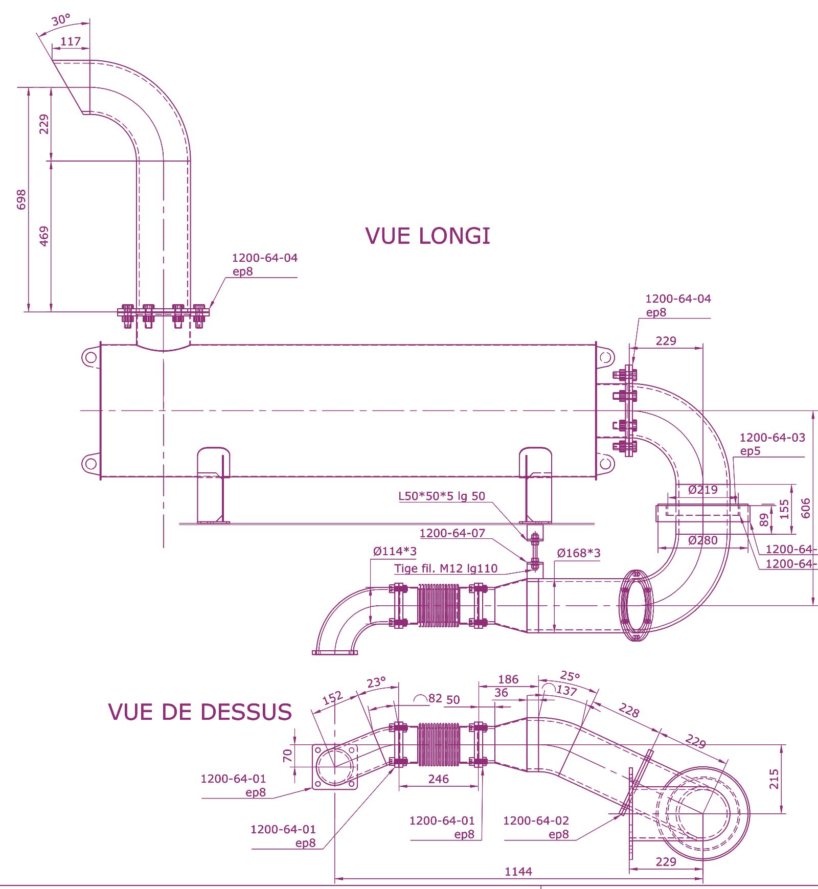 Extrait de plan : ligne d'échappement inox d'un pousseur