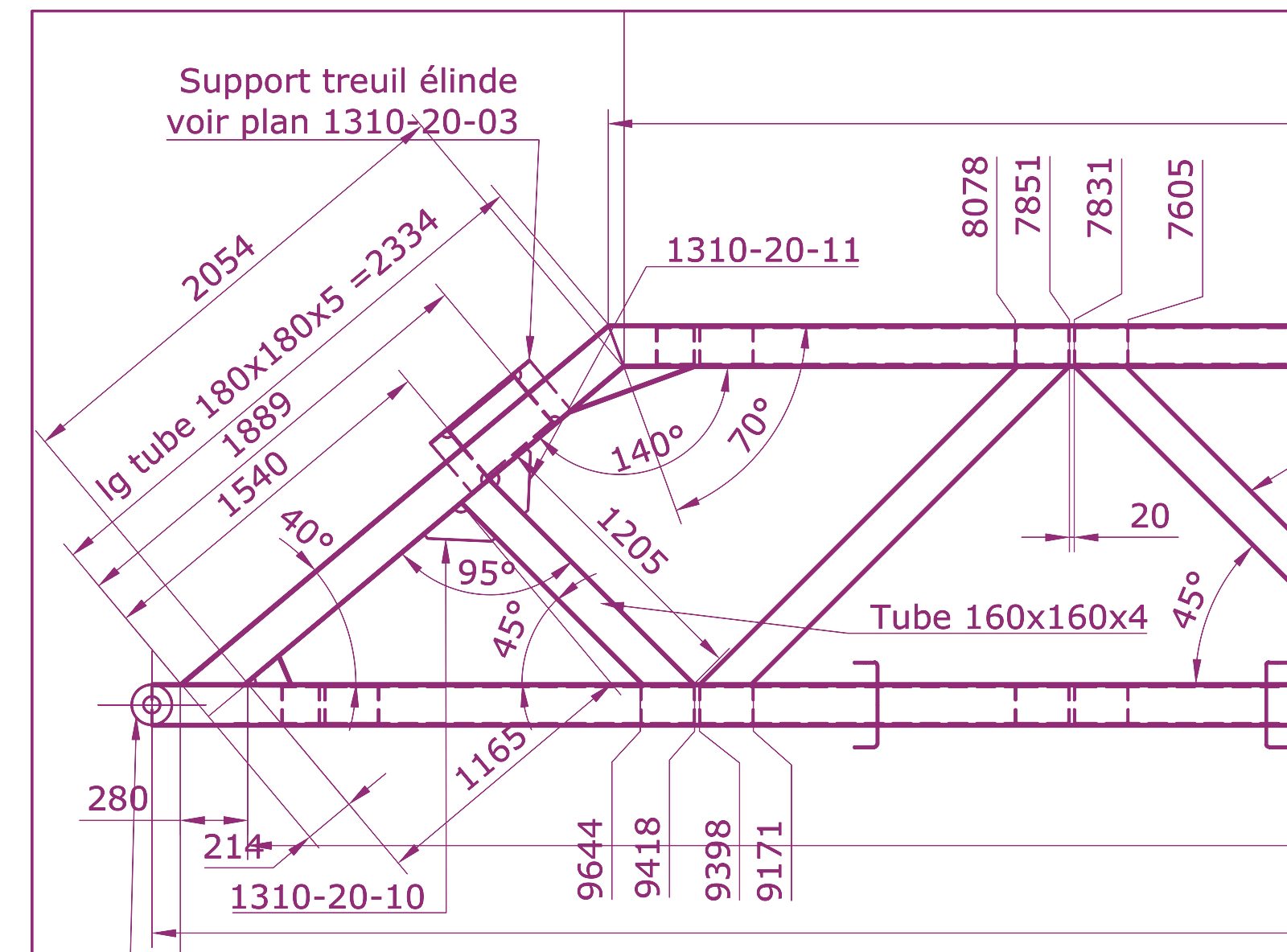 Extrait de plan : nœud de treillis d'une élinde, tubes et angles