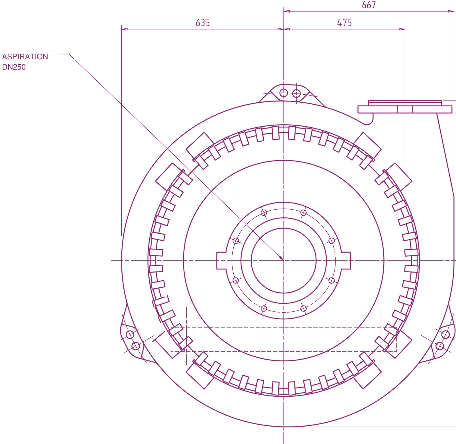 Extrait de plan d'ensemble : pompe de dragage vue de face, volute et bride d'aspiration DN250