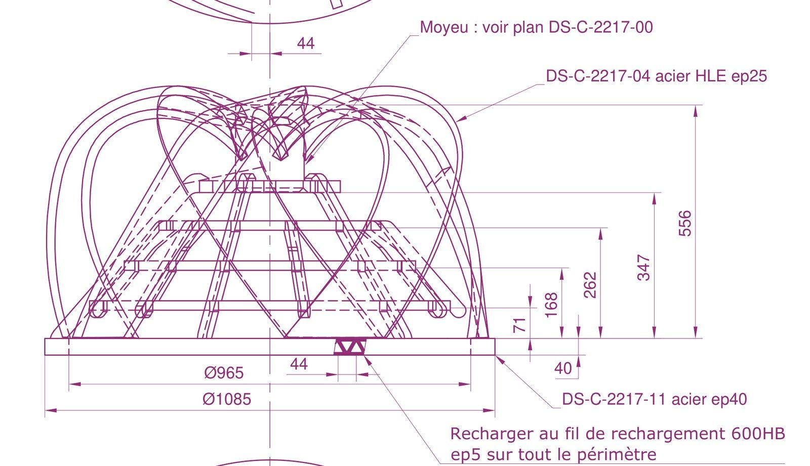Extrait de plan : profil d'un cutter, cotes et rechargement