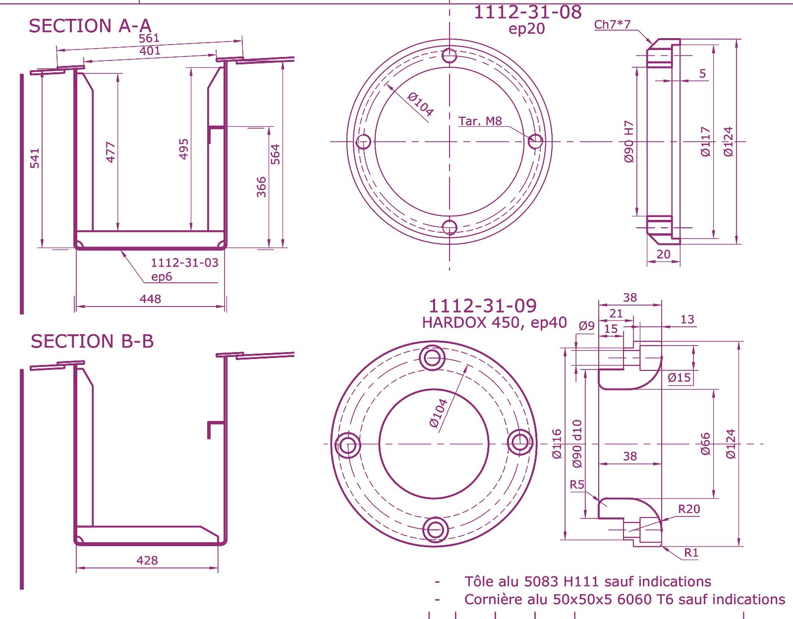 Extrait de plan : structure aluminium sous treuil et bagues anti-usure