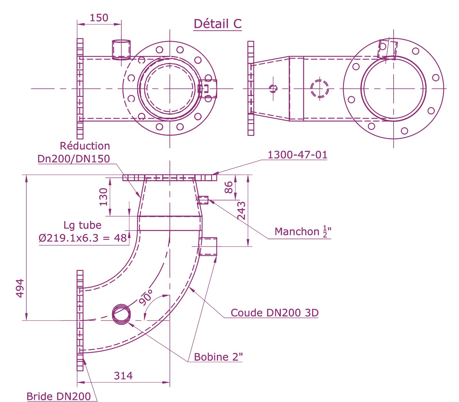 Extrait de plan : tuyauterie de dragage DN200, réduction et coude
