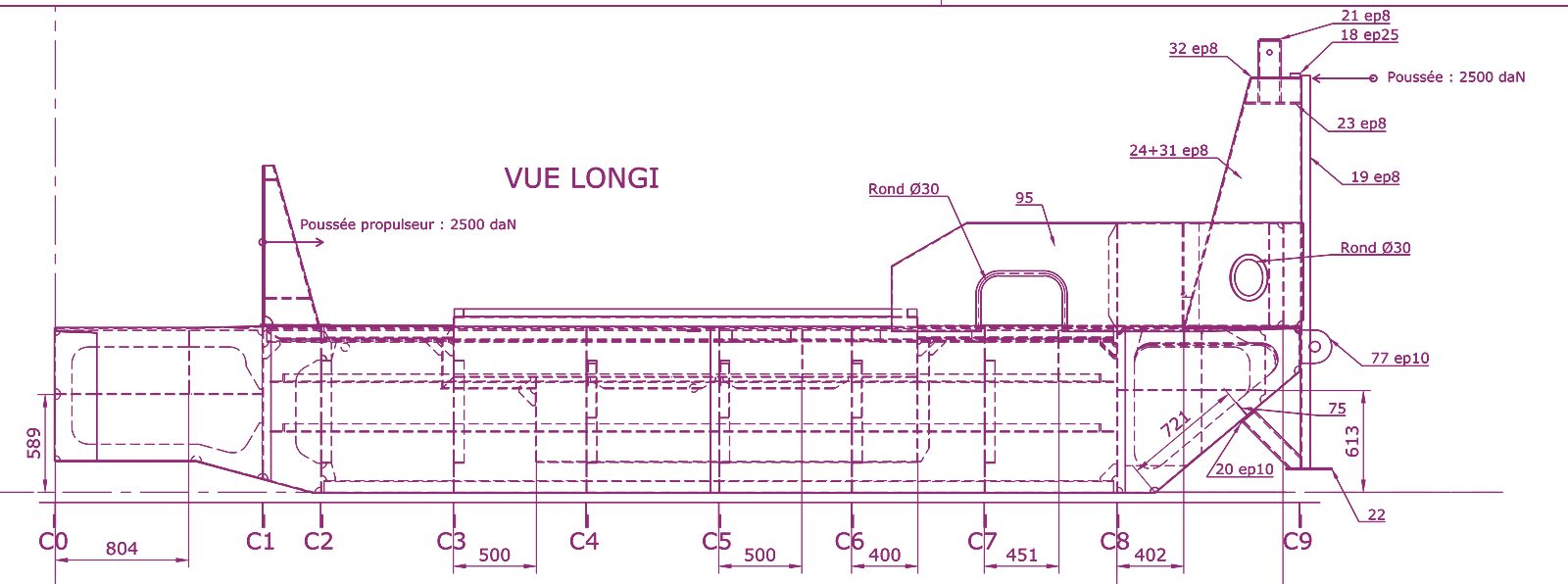 Extrait de plan : vue longitudinale d'un pousseur avec efforts de poussée