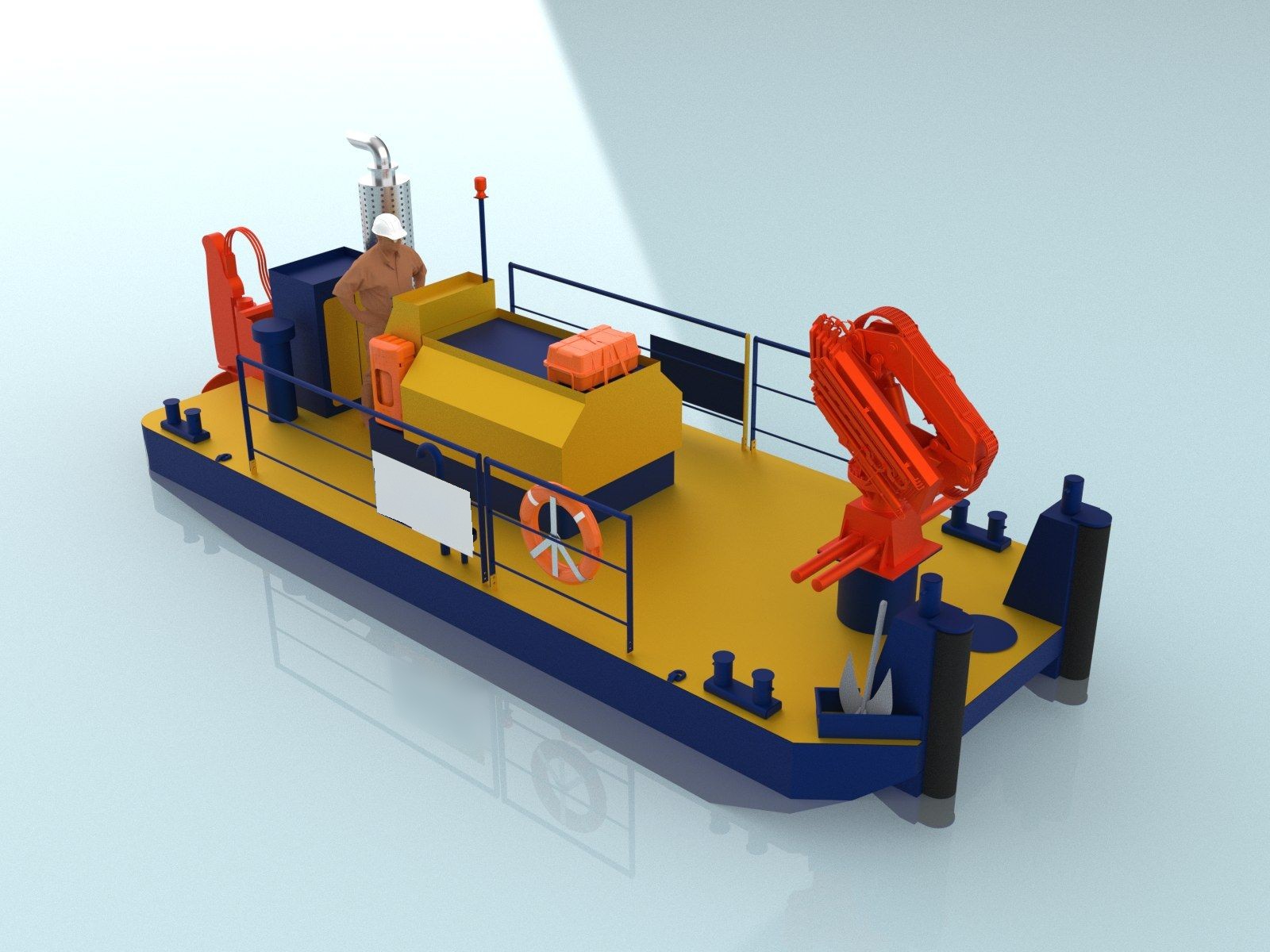 Rendu 3D d'étude d'une barge automotrice à grue